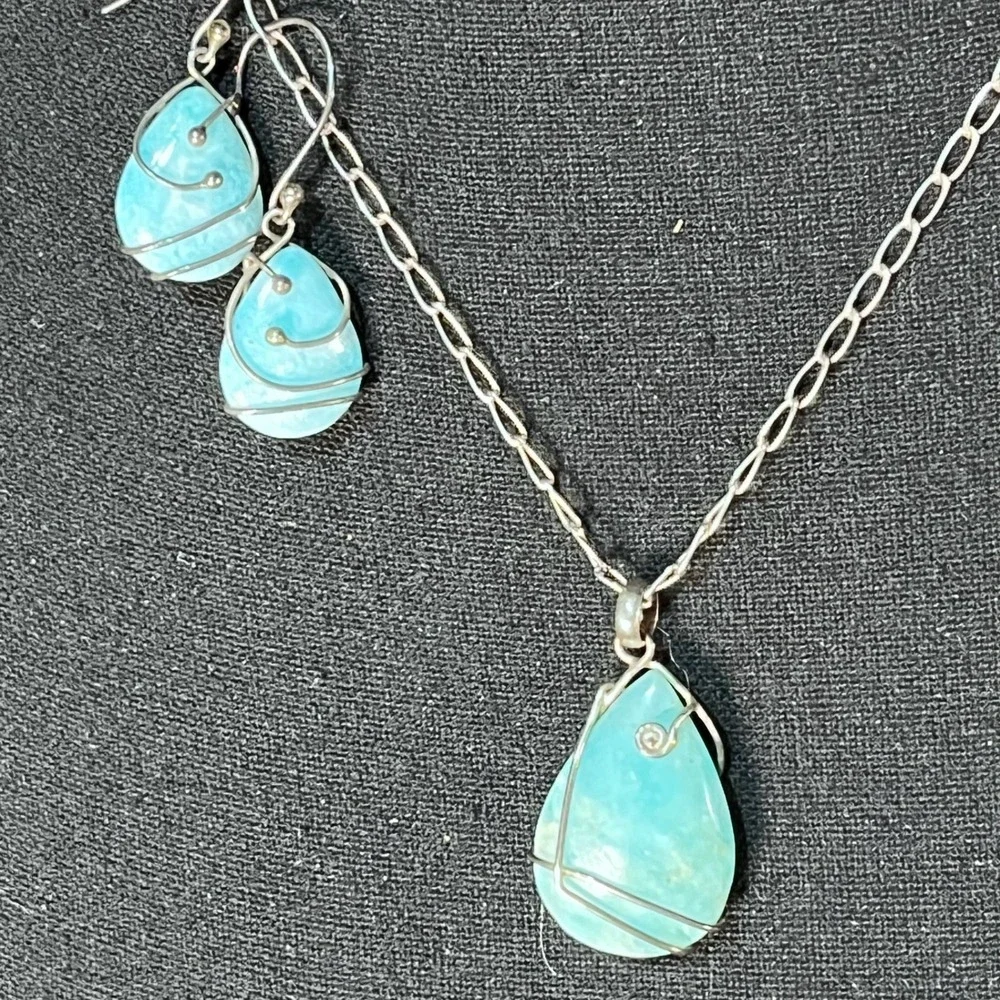 Teardrop Gemstone Wire Wrapped Pendant Necklace and Matching Dangle Earrings Set